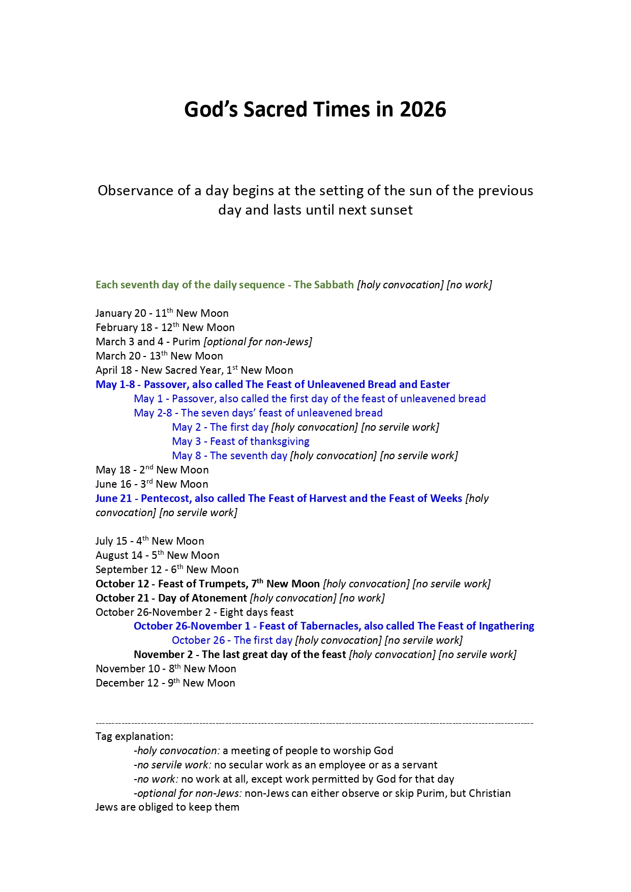 God's calendar for 2026