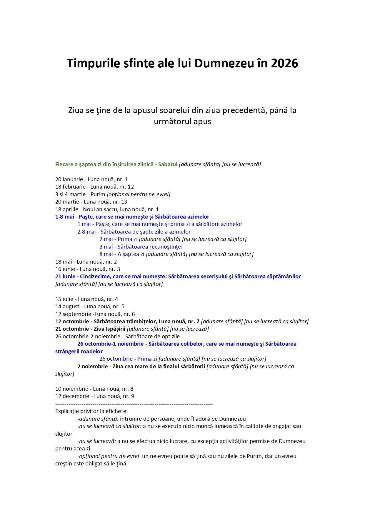 Calendarul lui Dumnezeu pentru anul 2026